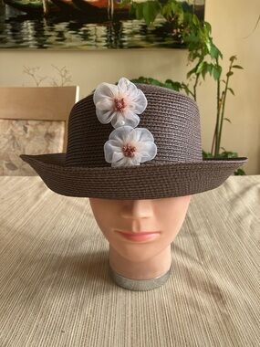 Brown Straw Boater Hat with Pink Floral Accents